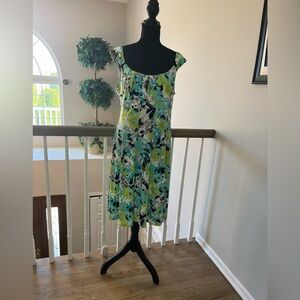 dressbarn Green Multi Floral Cap-Sleeve Midi Dress